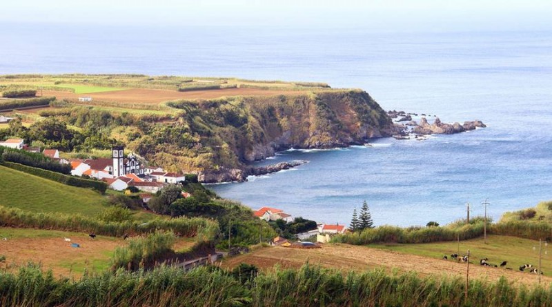 Tea plantation and small village of Porto Formoso, Sao Miguel island, Azores, Portugal